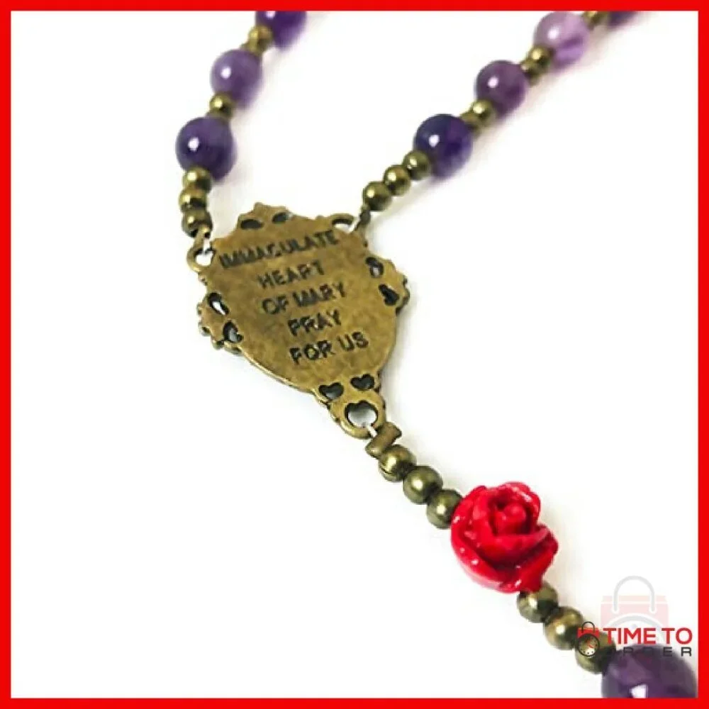 Amethyst Stone Rosary Bracelet Set with Immaculate Heart of Mary Centerpiece